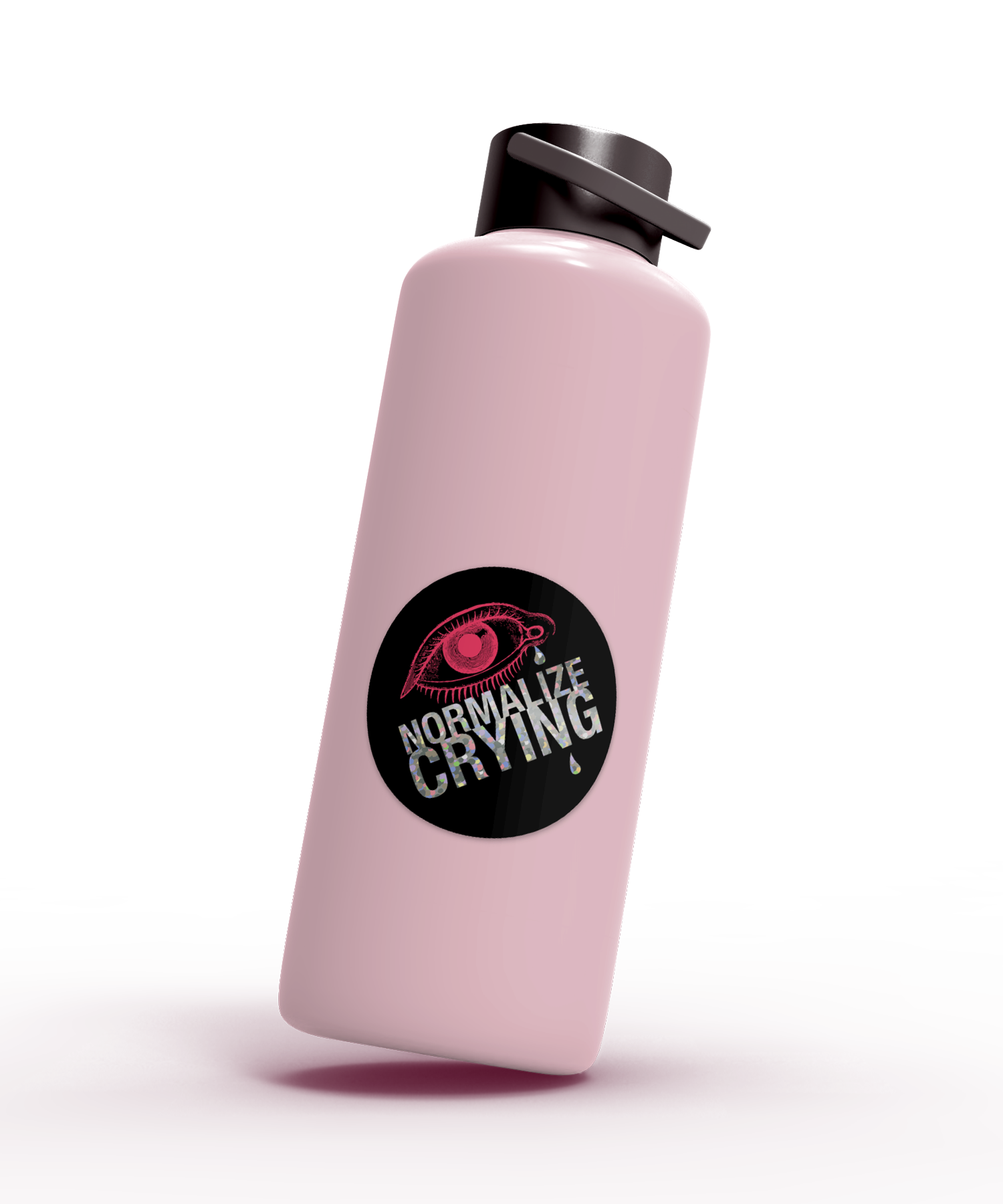 Pink water bottle with a black sticker featuring a crying eye and the text 'Normalize Crying'