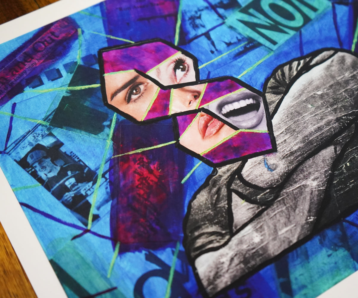 Collage art with abstract shapes and text on a colorful background
