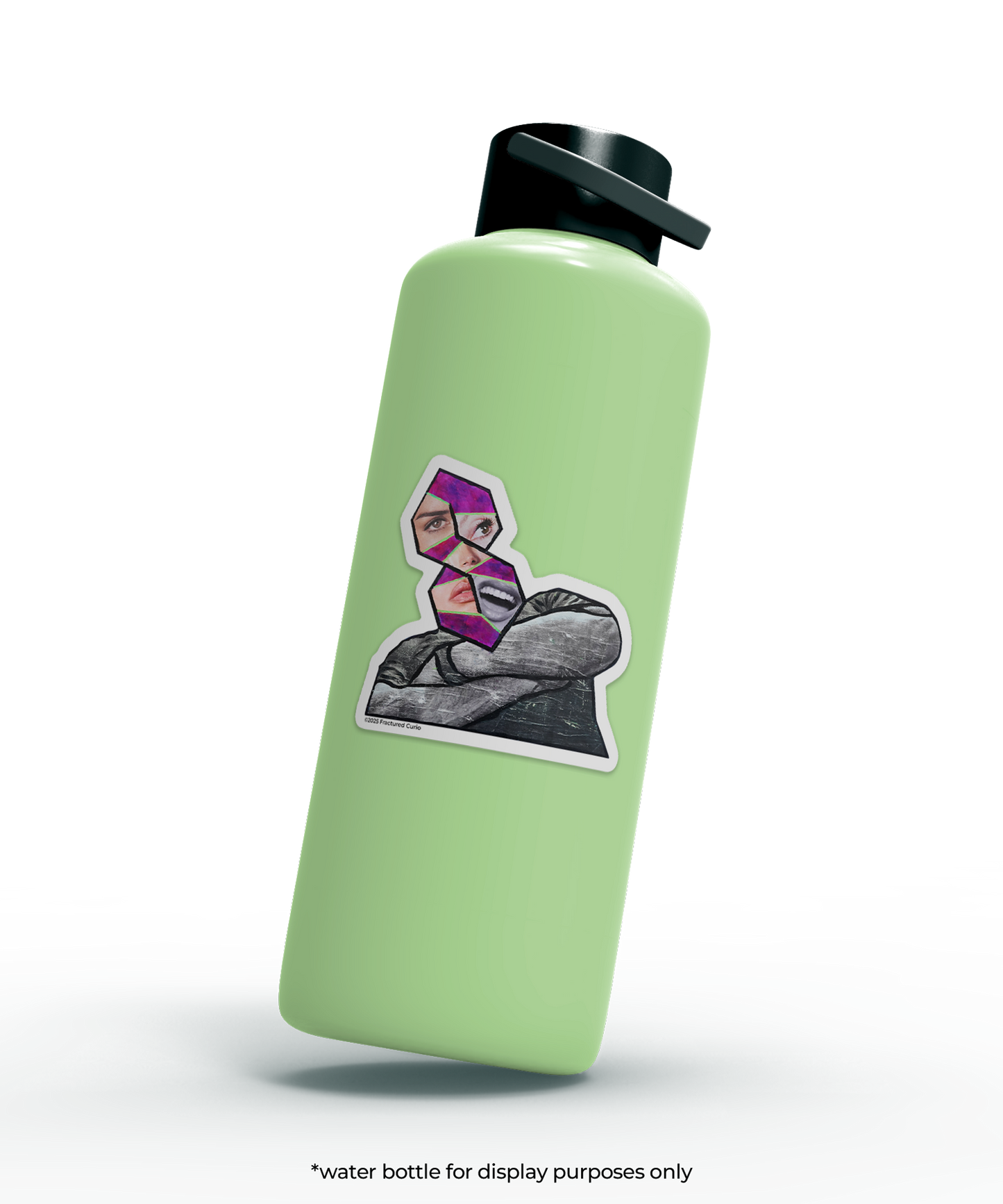 Green water bottle with a sticker of a man with folded arms with a collaged 'cool s' for a head