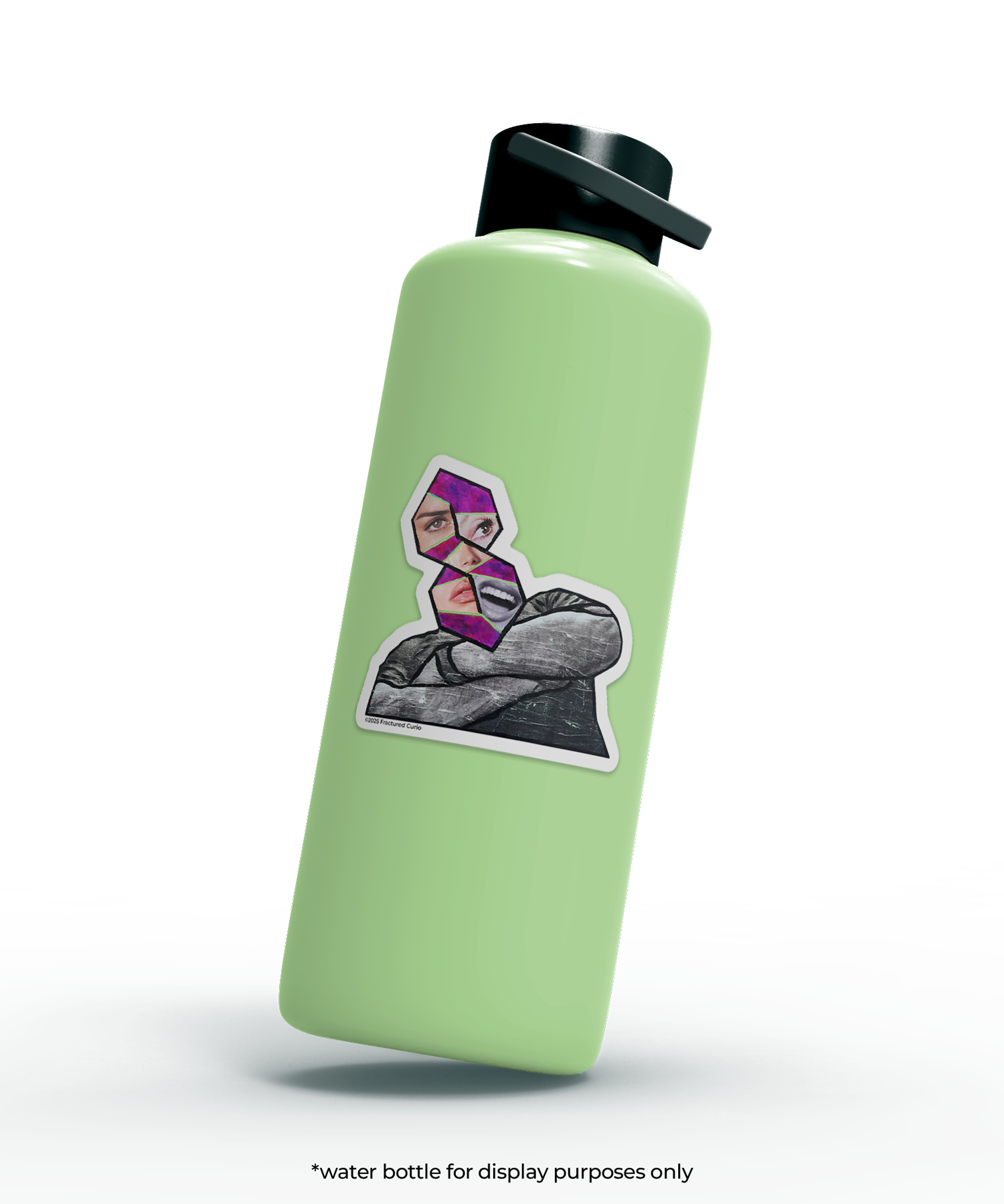 Green water bottle with a sticker of a man with folded arms with a collaged 'cool s' for a head