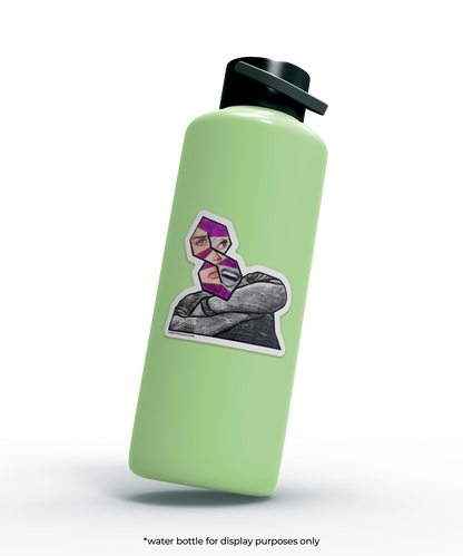 Green water bottle with a sticker of a man with folded arms with a collaged 'cool s' for a head