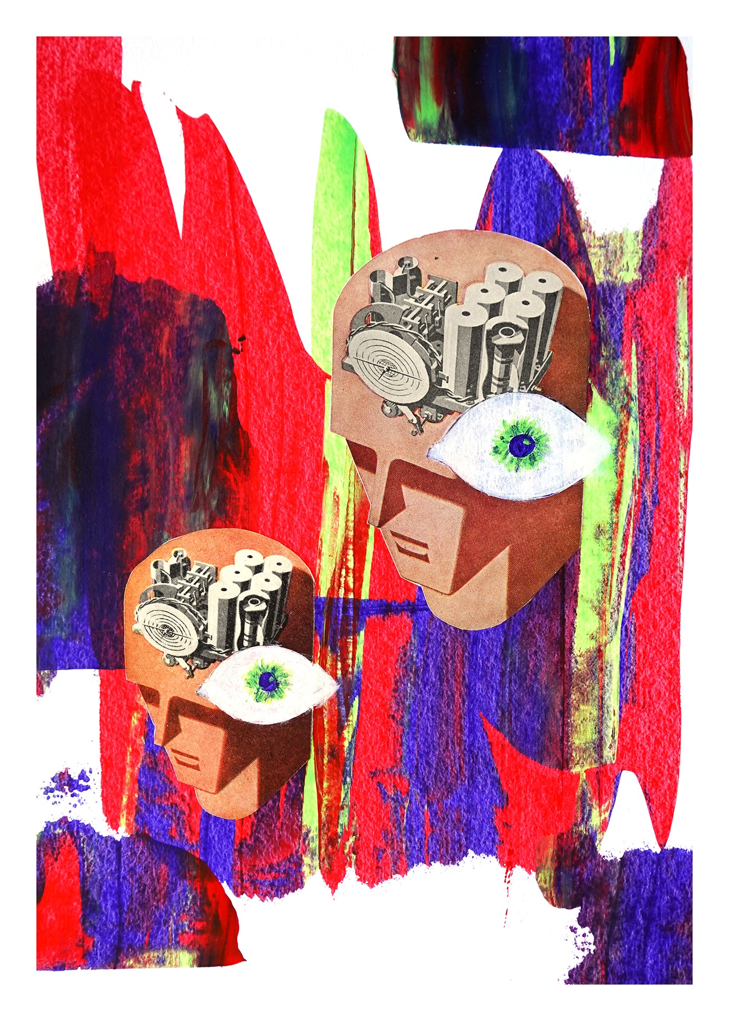 Abstract artwork with two faces and mechanical elements on a colorful background