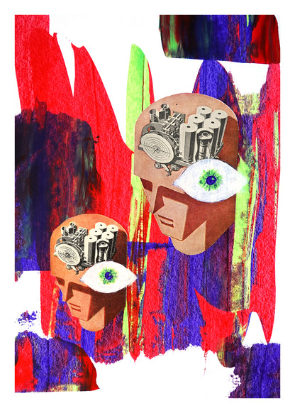 Abstract artwork with two faces and mechanical elements on a colorful background