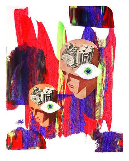 Abstract artwork with colorful abstract shapes and human-like faces.