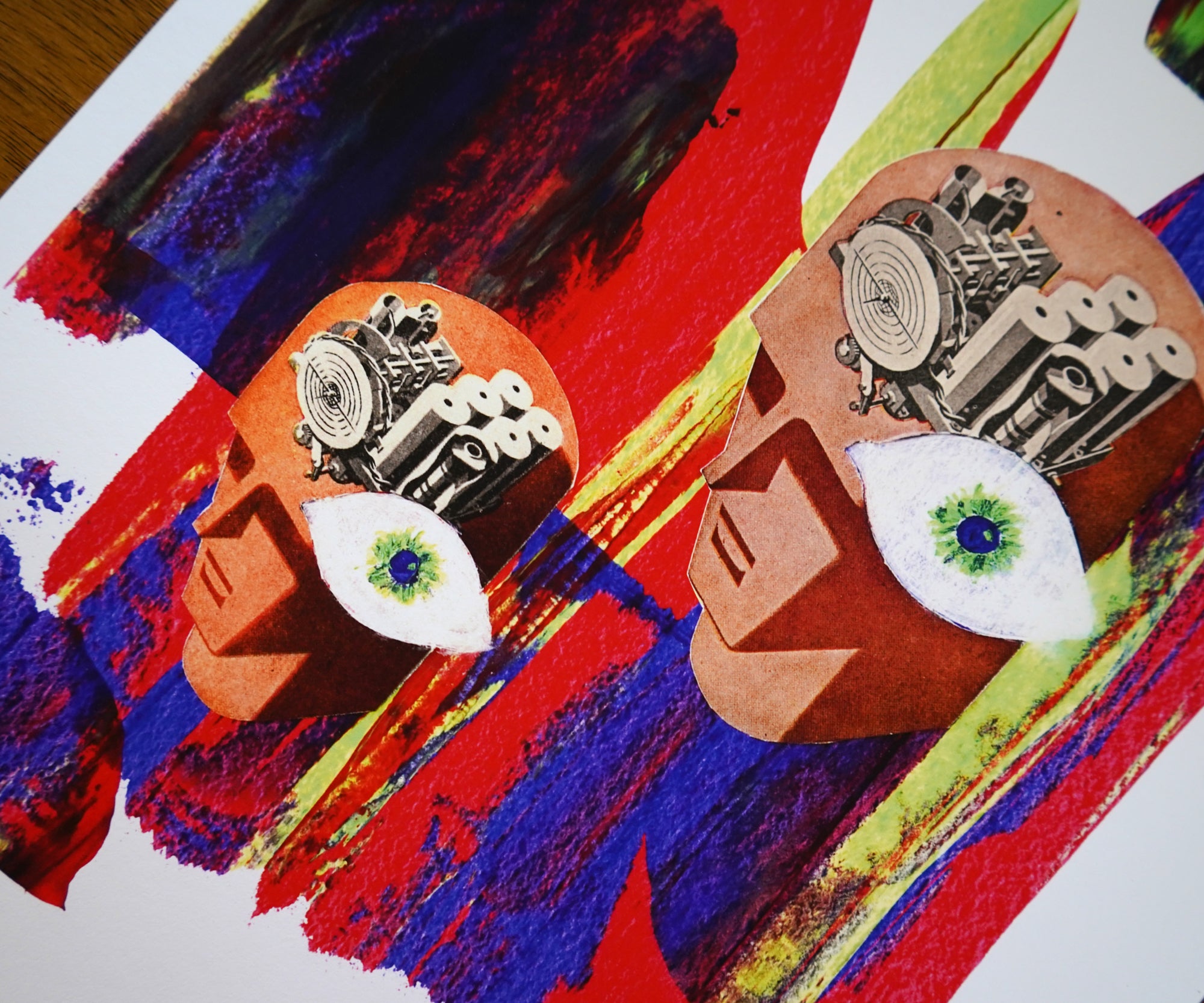 Abstract artwork with colorful abstract shapes and human-like faces.