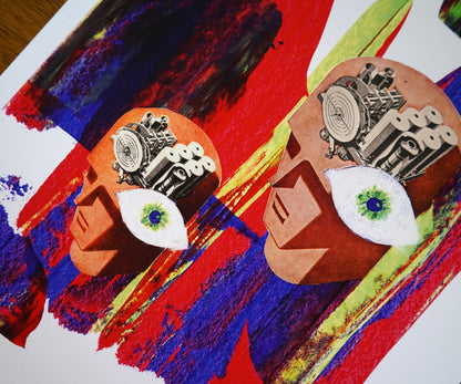 Abstract artwork with colorful abstract shapes and human-like faces.