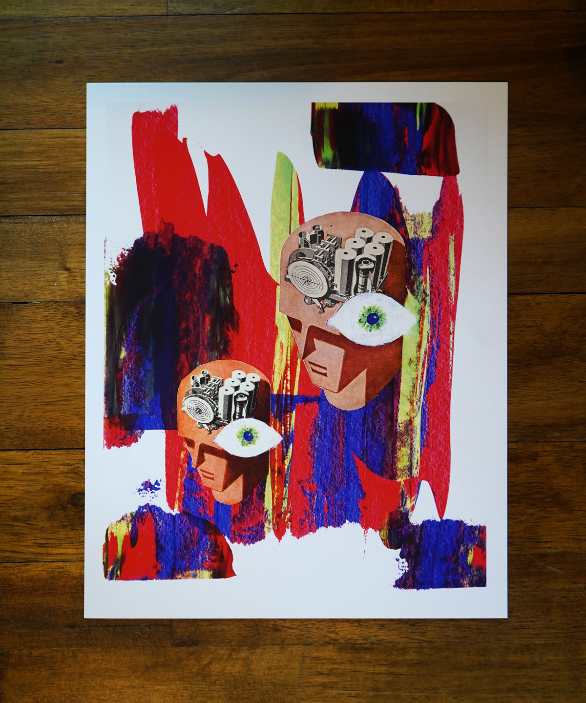 Abstract artwork with colorful abstract shapes and human-like faces.