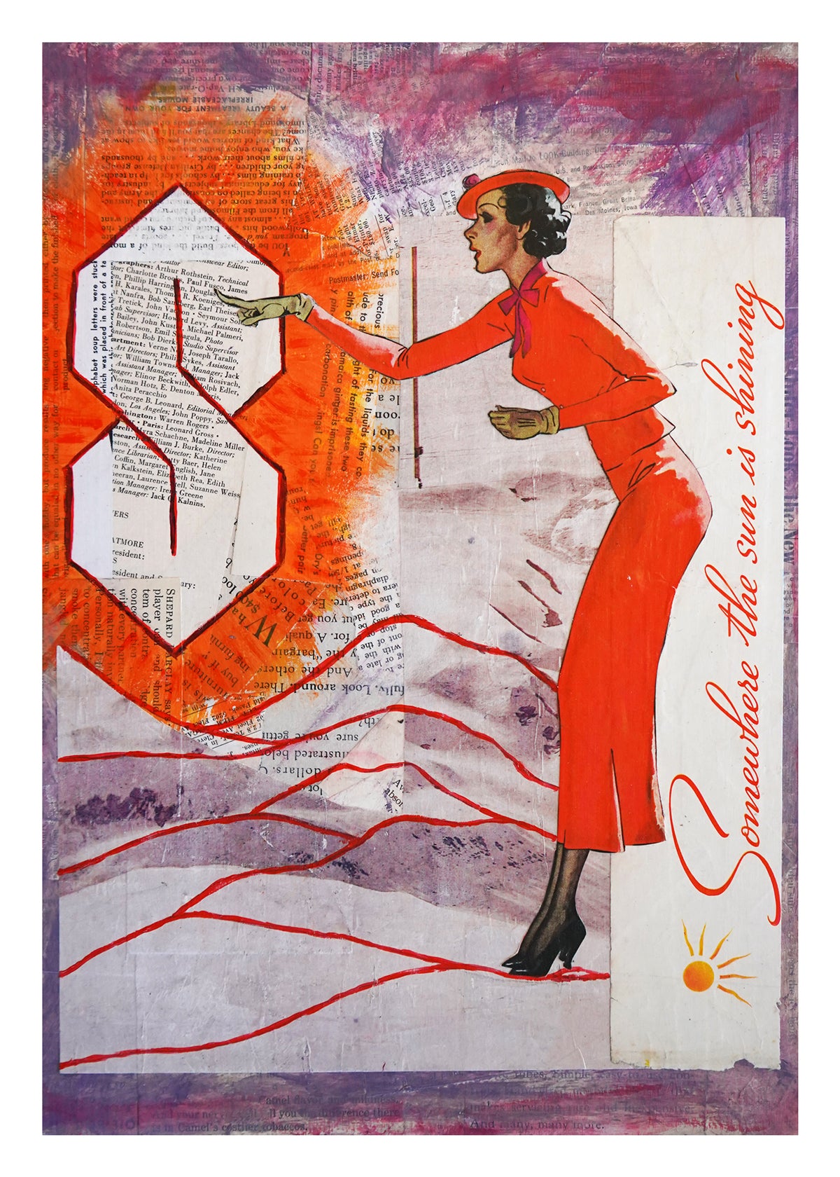 Artistic illustration of a woman in a red outfit reaching towards a large letter 'S' with abstract elements.