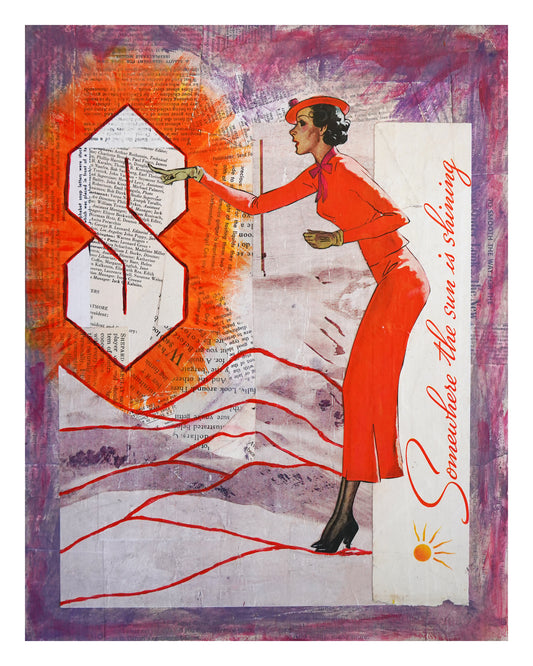 Artistic depiction of a woman in a red outfit interacting with an orange letter 'S' on a textured background.