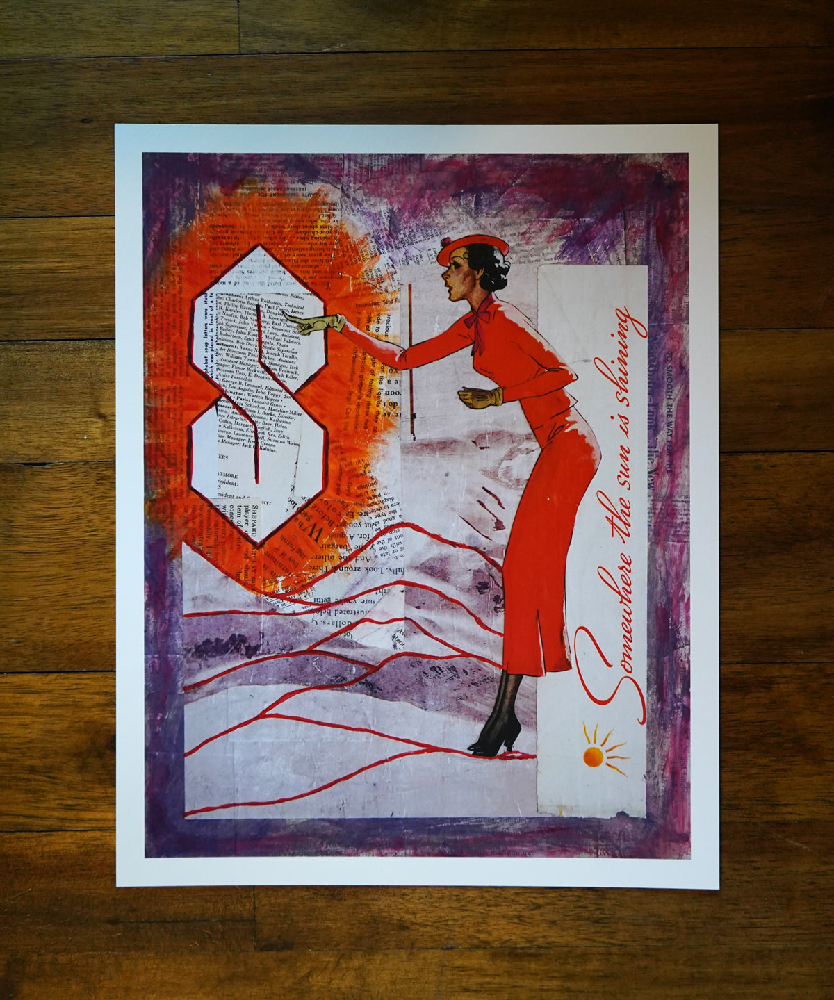 Artistic depiction of a woman in a red outfit interacting with an orange letter 'S' on a textured background.