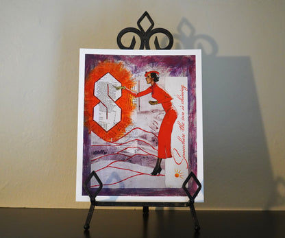 Artistic depiction of a woman in a red outfit interacting with an orange letter 'S' on a textured background.