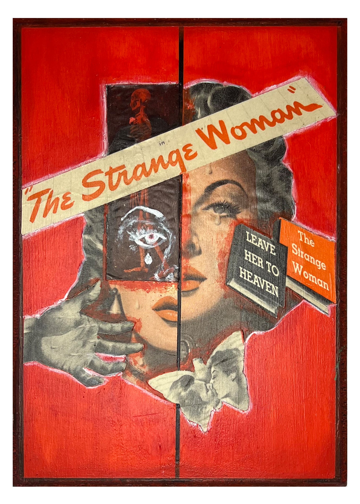 Vintage-style poster with a woman's face and text on a red background