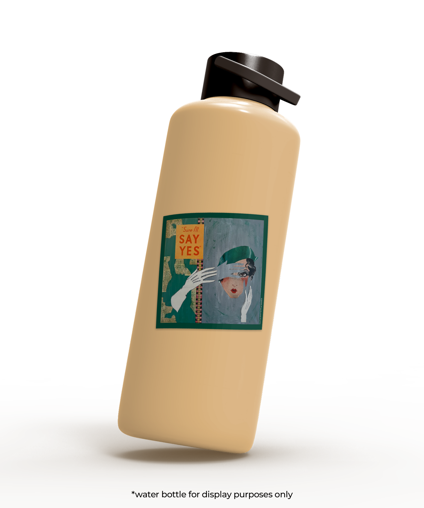 Yellow water bottle with a green and gray sticker on it with a woman's face and the words 'Sure I'll say yes'