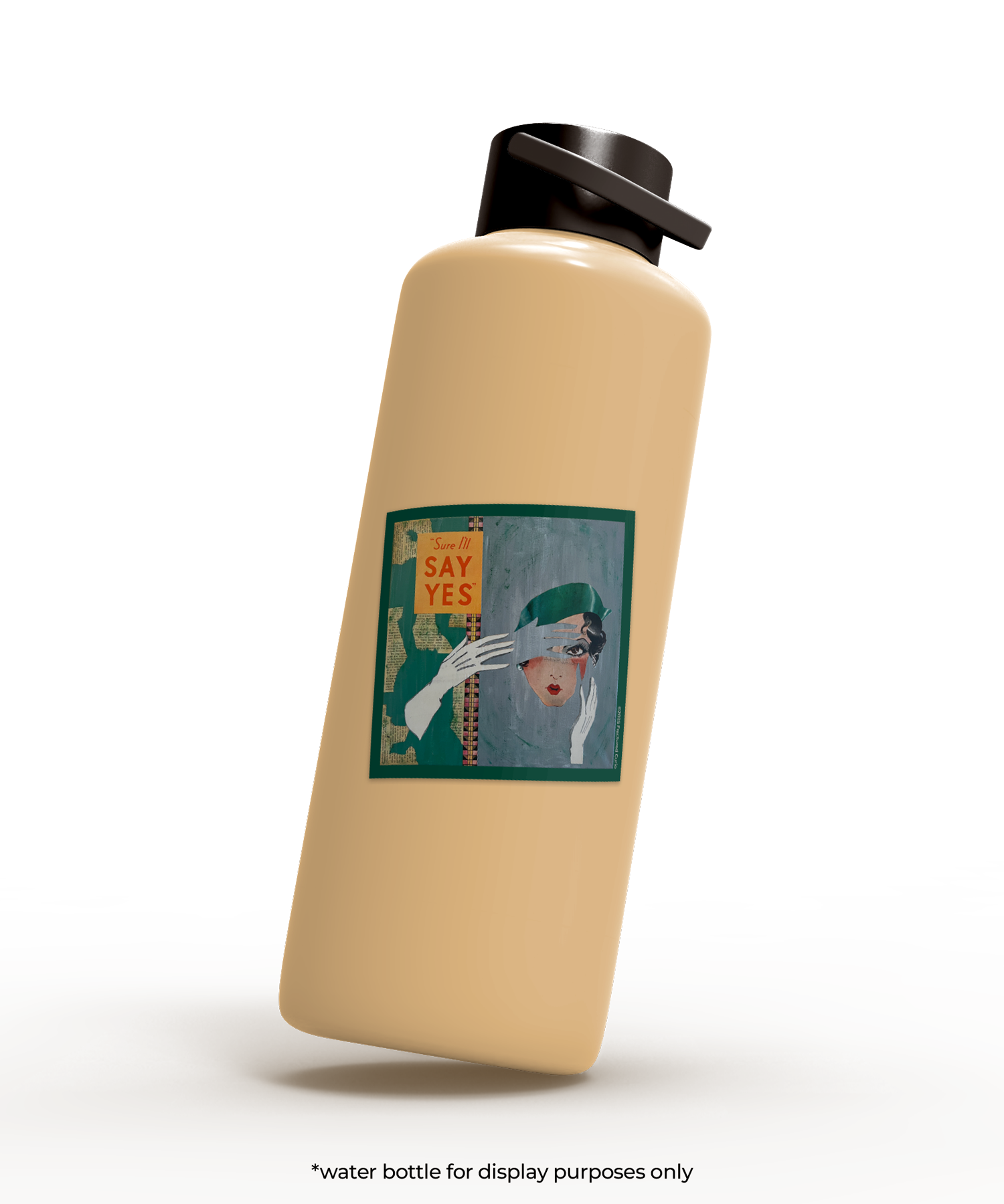 Yellow water bottle with a green and gray sticker on it with a woman's face and the words 'Sure I'll say yes'