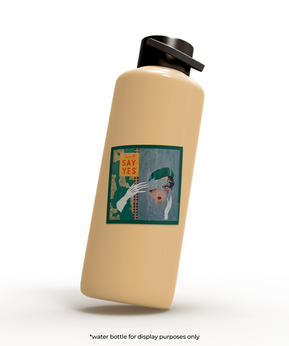 Yellow water bottle with a green and gray sticker on it with a woman's face and the words 'Sure I'll say yes'
