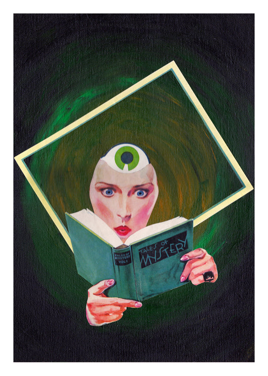 Artistic depiction of a person with a book and a glowing eye symbol, set against a dark background.