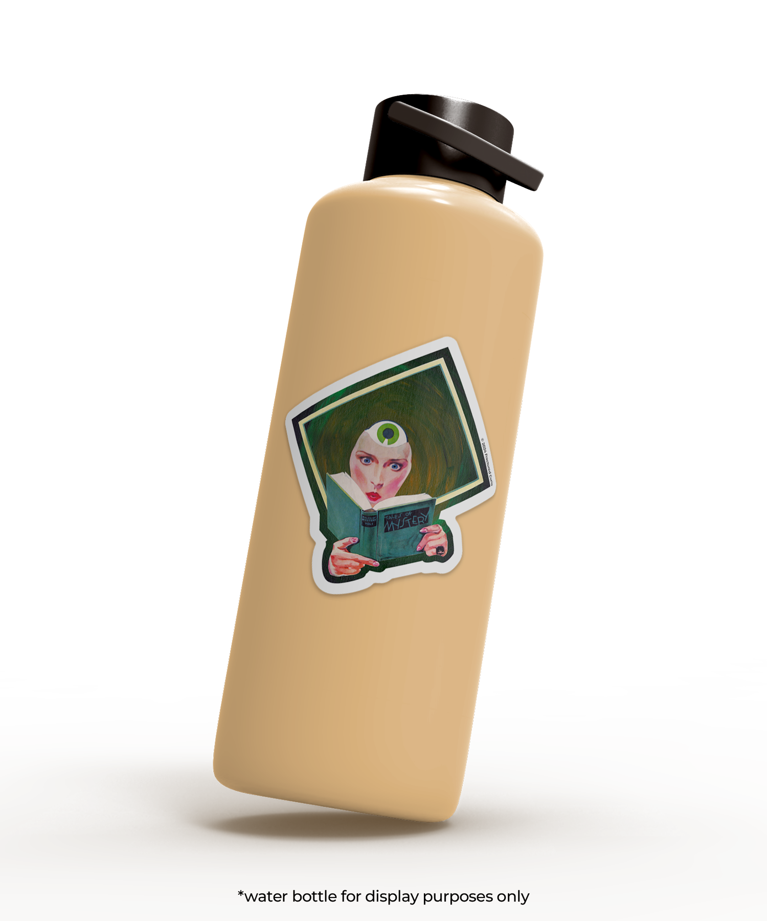 Beige water bottle with a sticker of a person holding a book on a white background