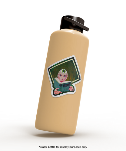 Beige water bottle with a sticker of a person holding a book on a white background