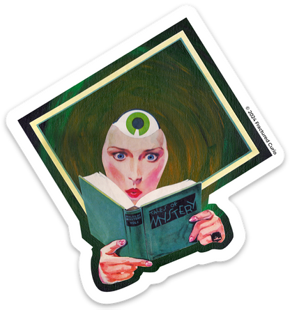 Sticker of a woman  reading a book with a mysterious large eye on her forehead