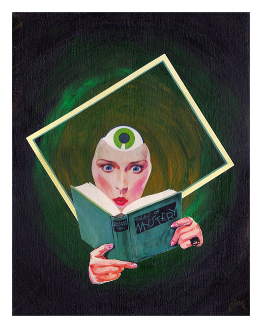 Surreal compilation of a woman reading a mystery book on a swirling background