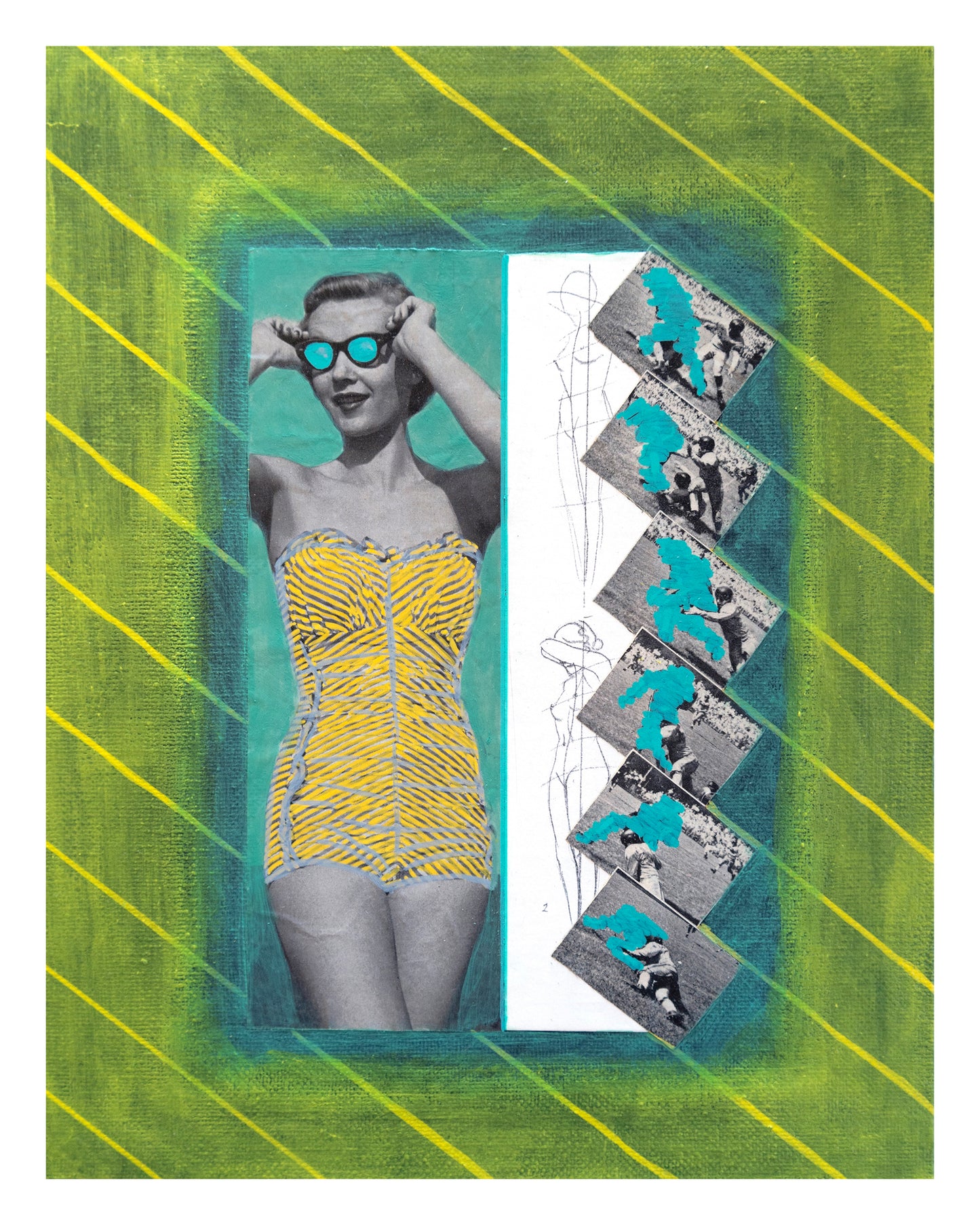 Woman in yellow swimsuit with sunglasses on a green and yellow striped background