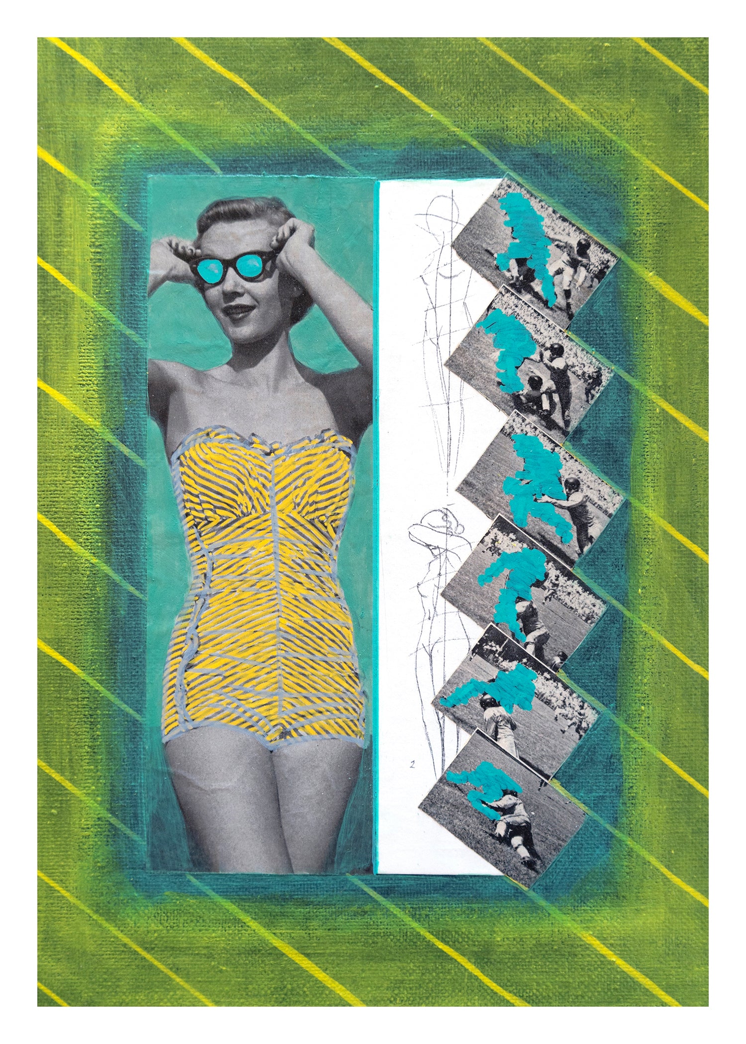 Collage of a woman in a yellow swimsuit with a stylized film strip on a green and yellow striped background.