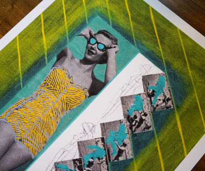 Artistic depiction of a person in a yellow patterned garment with geometric shapes and lines.