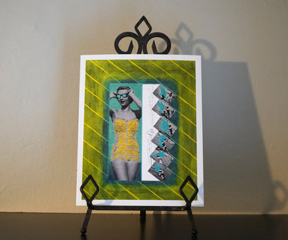 Artistic depiction of a woman in a yellow dress with geometric patterns on a white background