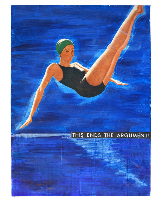 Artistic depiction of a swimmer in mid-air with a blue background and text 'THIS ENDS THE ARGUMENT!'