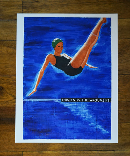 Artistic depiction of a swimmer in mid-air with text 'THIS ENDS THE ARGUMENT!' on a blue background.