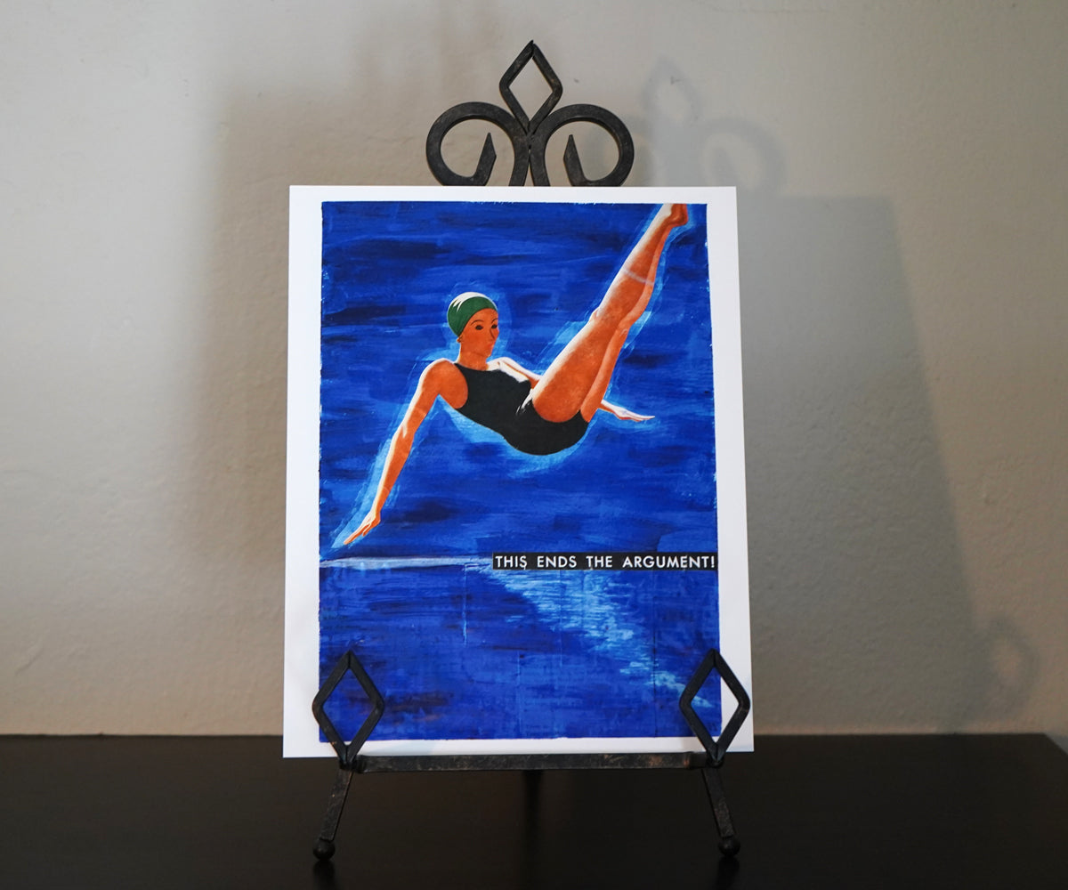 Artistic depiction of a swimmer in mid-air with text on a blue background, displayed on an easel.