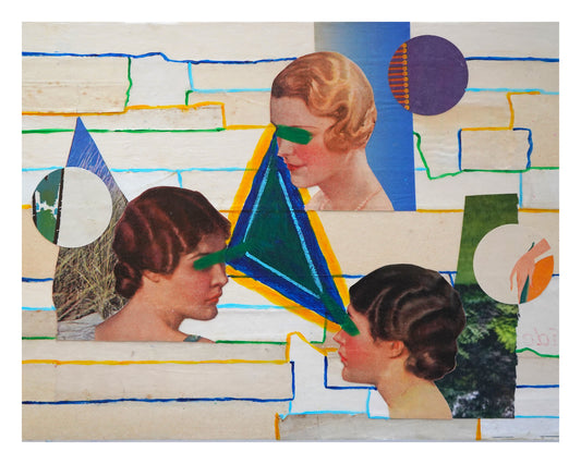 Collage art with geometric shapes and portraits of women on a textured background