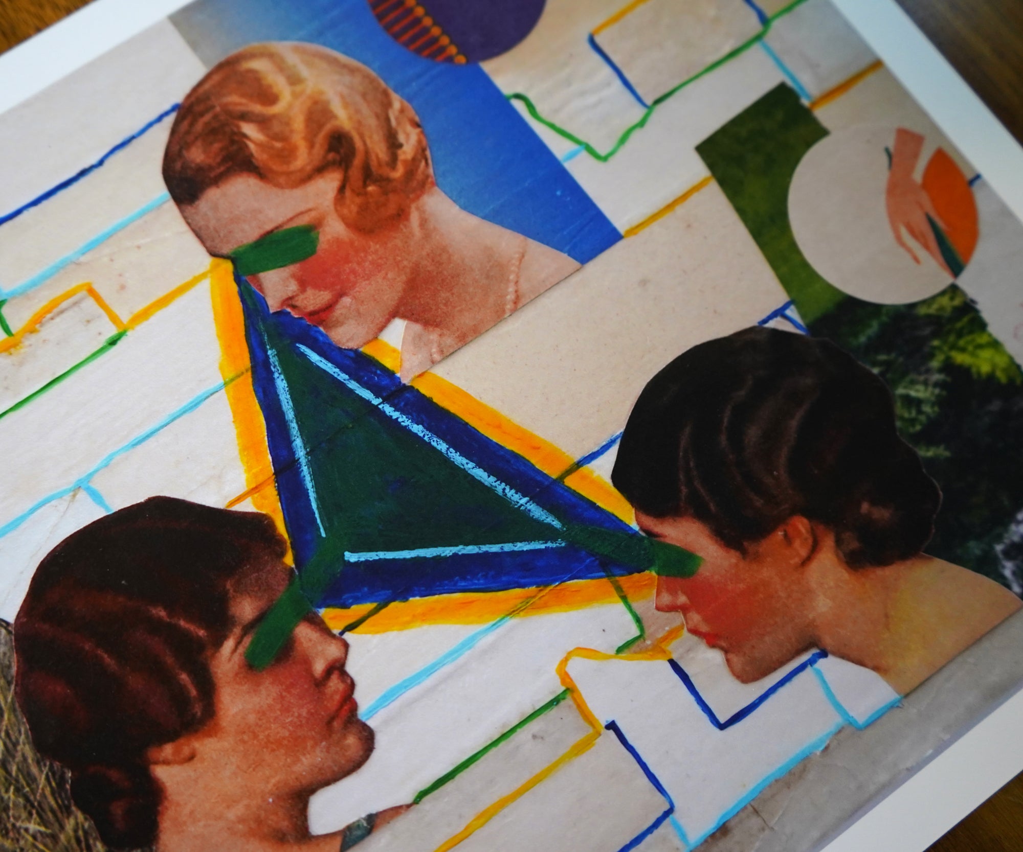 Collage of faces with colorful geometric shapes overlay