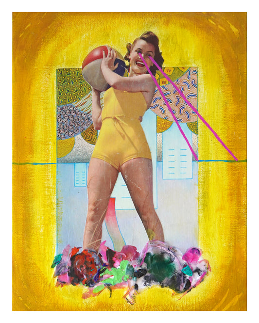 Woman in yellow swimsuit holding a red and white object against a yellow background with abstract patterns.