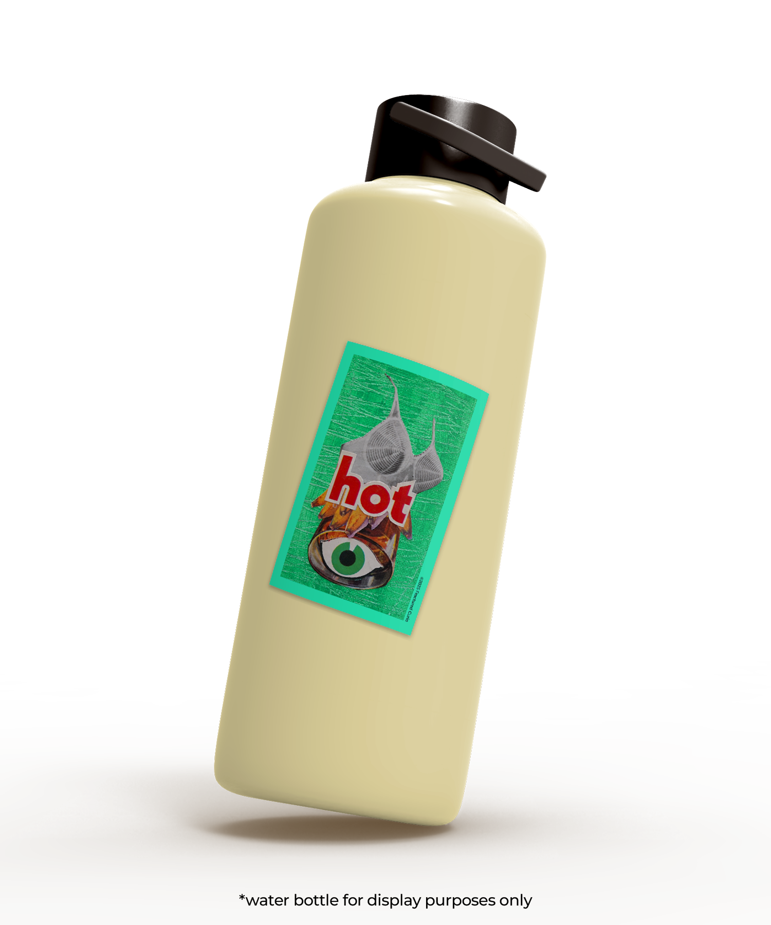 Beige water bottle with a green label featuring a cartoon character and the word 'hot' on a white background.