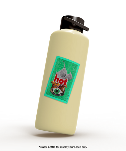 Beige water bottle with a green label featuring a cartoon character and the word 'hot' on a white background.
